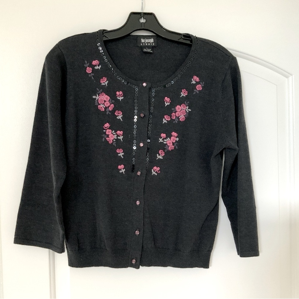 For Joseph Studio Charcoal Embroidered Cardigan